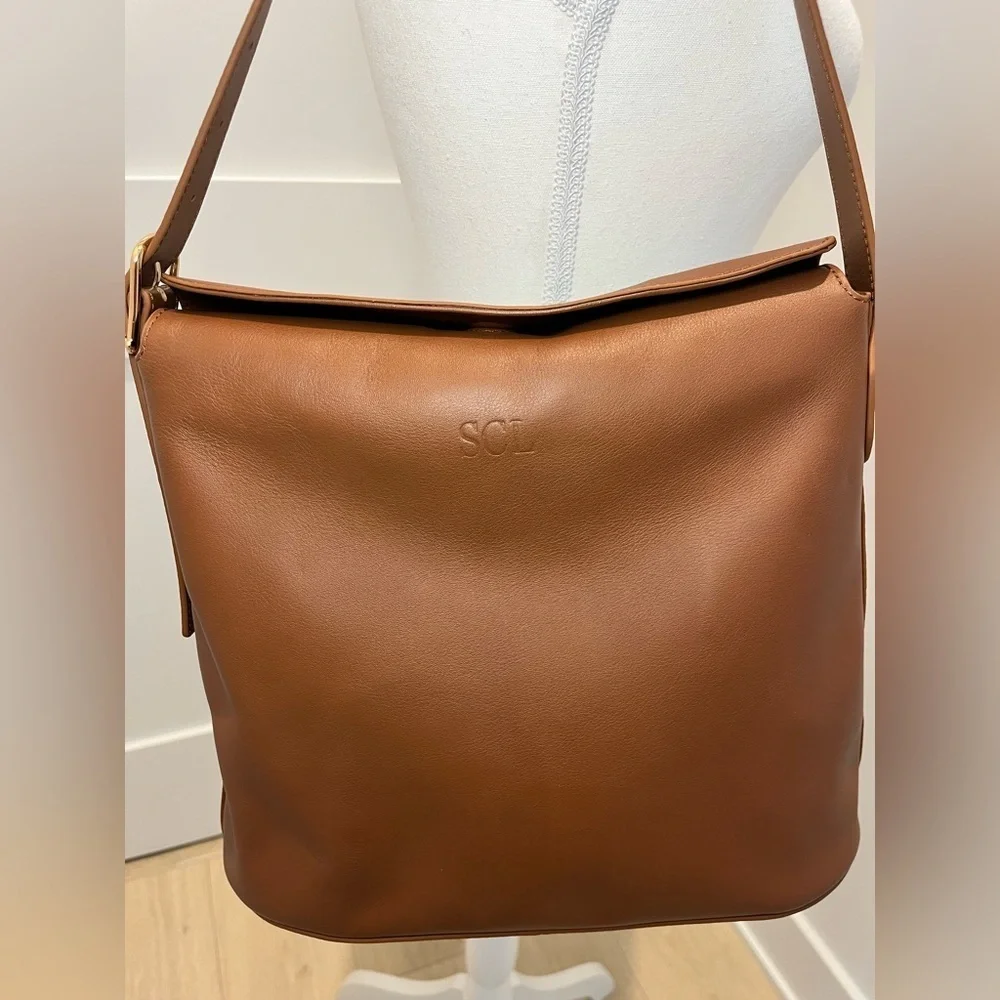 J. Crew Berkeley shoulder bucket bag in English Saddle Leather monogrammed SCL